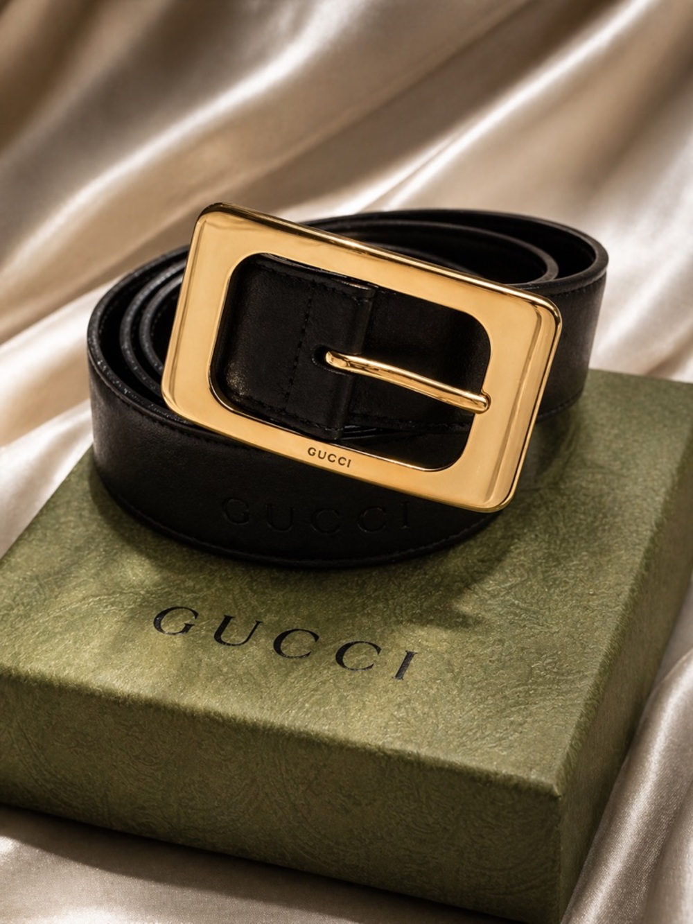 Gucci Gold Buckle Leather Belt Black